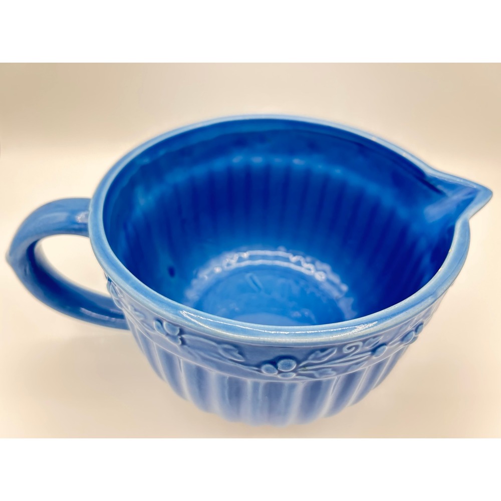 Vintage Swiss Colony Blue Ceramic Pottery Mixing Bowl Glossy Floral Pattern - Picture 4 of 6